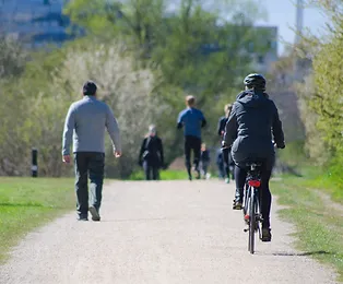 Image of people walking and biking on path.